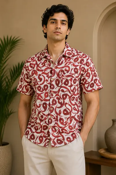 Blended Linen Urdu Calligraphy Abstract Print Half Sleeve Shirt
