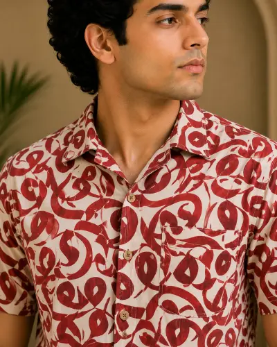 Blended Linen Urdu Calligraphy Abstract Print Half Sleeve Shirt view 3