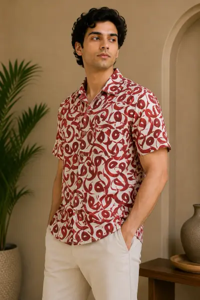 Blended Linen Urdu Calligraphy Abstract Print Half Sleeve Shirt view 4