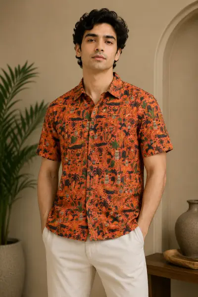 Blended Linen Burnt Orange Tropical Print Half Sleeve Shirt