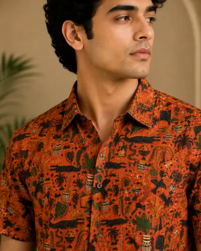 Blended Linen Burnt Orange Tropical Print Half Sleeve Shirt view 2
