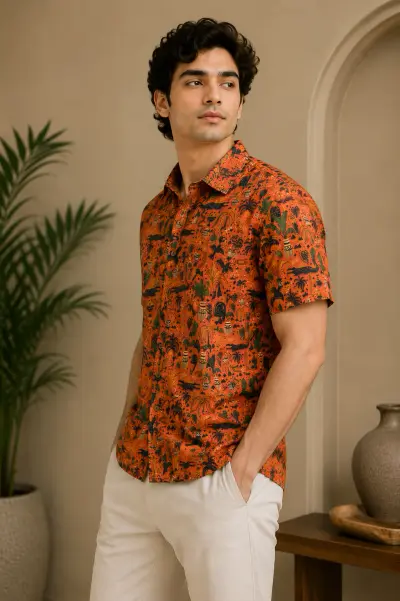 Blended Linen Burnt Orange Tropical Print Half Sleeve Shirt view 4