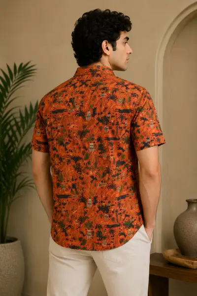 Blended Linen Burnt Orange Tropical Print Half Sleeve Shirt view 3