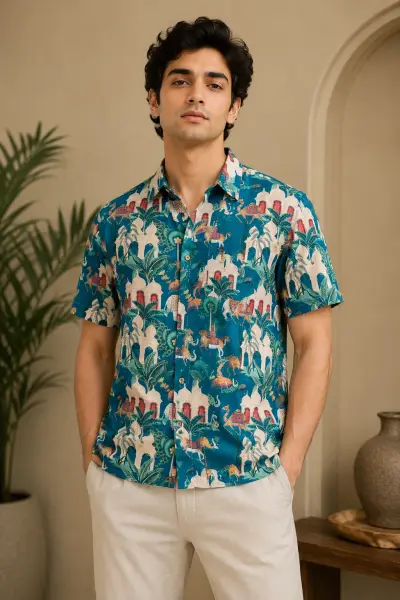 Blended Linen Teal Heritage Print Half Sleeve Shirt