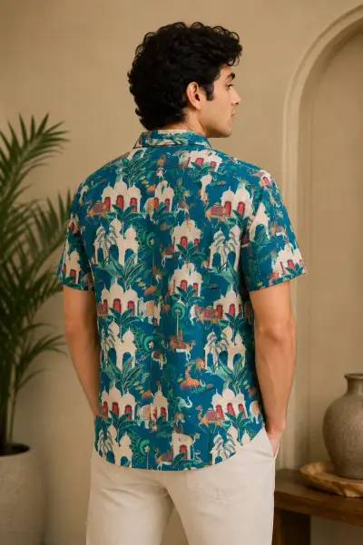 Blended Linen Teal Heritage Print Half Sleeve Shirt view 4