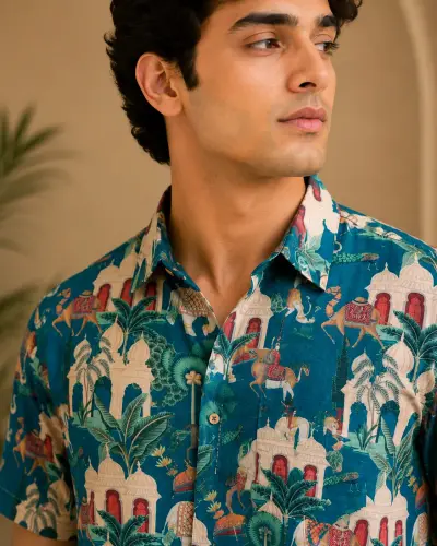 Blended Linen Teal Heritage Print Half Sleeve Shirt view 2