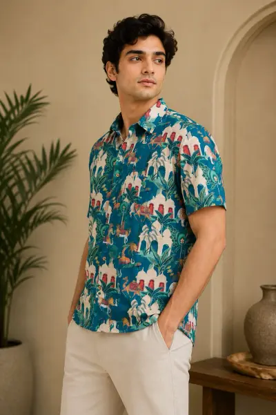 Blended Linen Teal Heritage Print Half Sleeve Shirt view 3