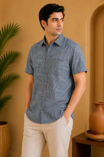Bhagalpuri Ghiccha Slate Grey Textured Half Sleeve Shirt