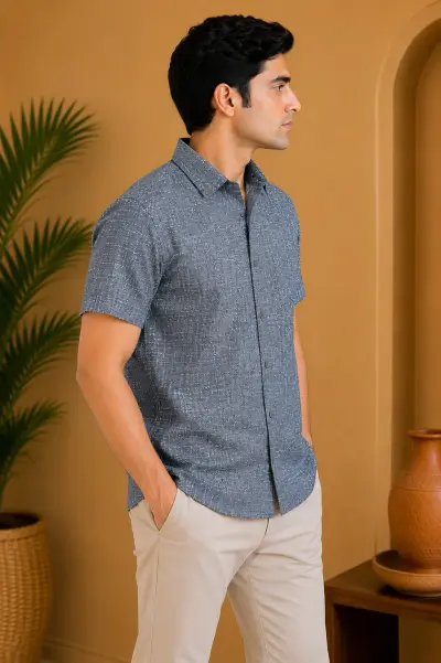 Bhagalpuri Ghiccha Slate Grey Textured Half Sleeve Shirt view 2