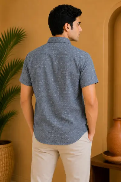 Bhagalpuri Ghiccha Slate Grey Textured Half Sleeve Shirt view 3