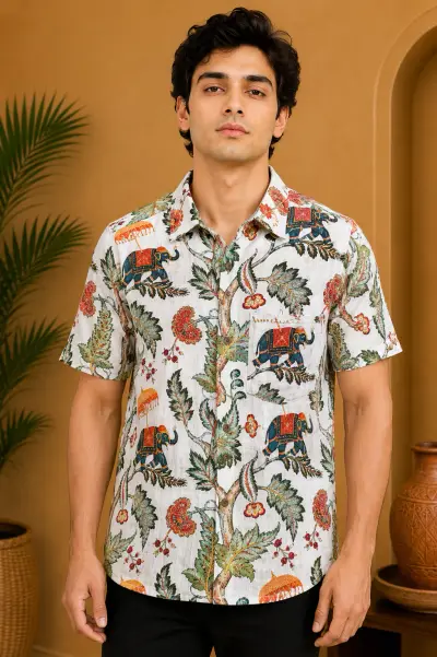 Blended Linen Ivory Elephant Print Half Sleeve Shirt