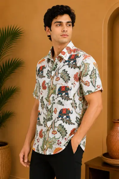 Blended Linen Ivory Elephant Print Half Sleeve Shirt view 3