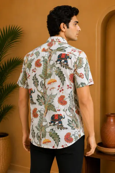 Blended Linen Ivory Elephant Print Half Sleeve Shirt view 4