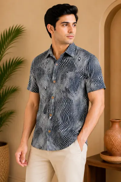 Blended Linen Charcoal Abstract Print Half Sleeve Shirt