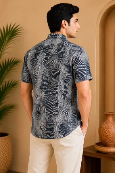 Blended Linen Charcoal Abstract Print Half Sleeve Shirt view 3