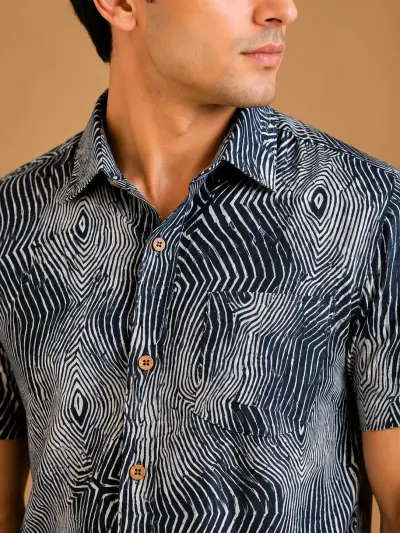 Blended Linen Charcoal Abstract Print Half Sleeve Shirt view 4