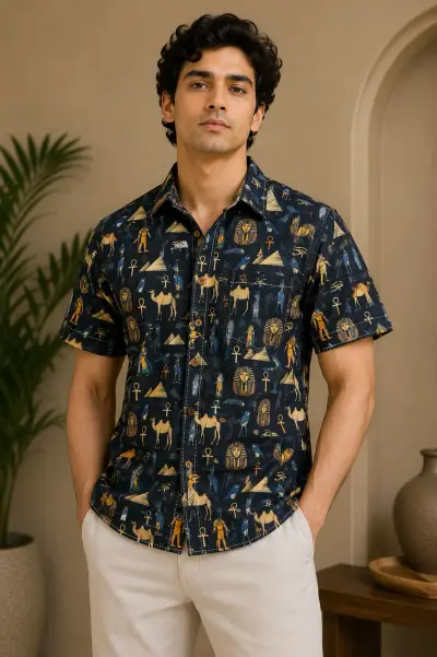 Blended Linen Midnight Egyptian Print Half Sleeve Shirt