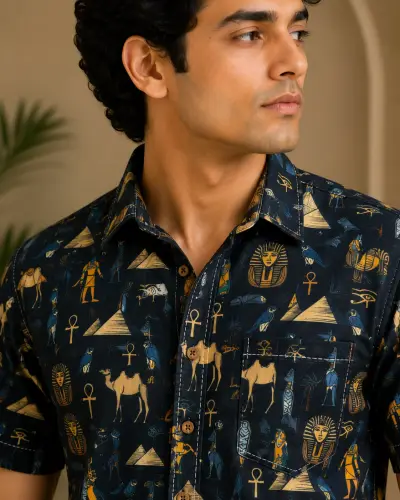 Blended Linen Midnight Egyptian Print Half Sleeve Shirt view 3