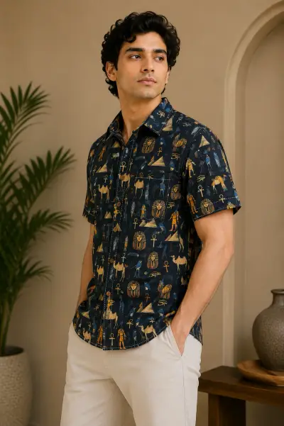 Blended Linen Midnight Egyptian Print Half Sleeve Shirt view 4