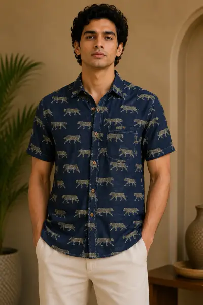 Blended Linen Navy Leopard Print Half Sleeve Shirt