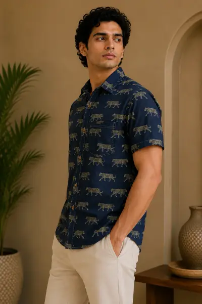 Blended Linen Navy Leopard Print Half Sleeve Shirt view 2