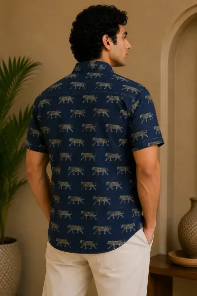 Blended Linen Navy Leopard Print Half Sleeve Shirt view 3
