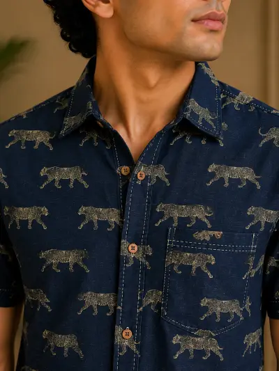 Blended Linen Navy Leopard Print Half Sleeve Shirt view 4