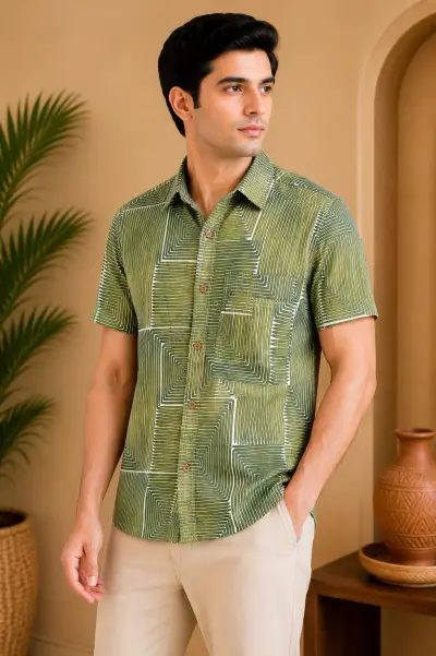 Blended Linen Olive Bamboo Geometric Print Half Sleeve Shirt
