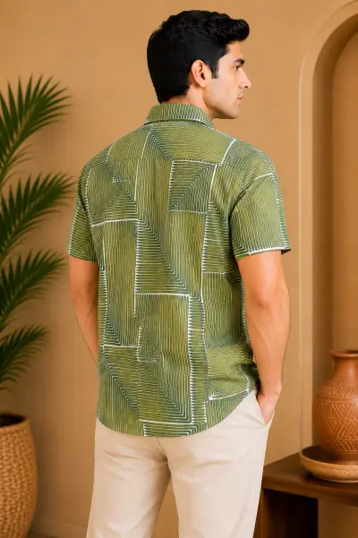Blended Linen Olive Bamboo Geometric Print Half Sleeve Shirt view 4