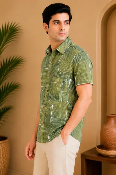 Blended Linen Olive Bamboo Geometric Print Half Sleeve Shirt view 2