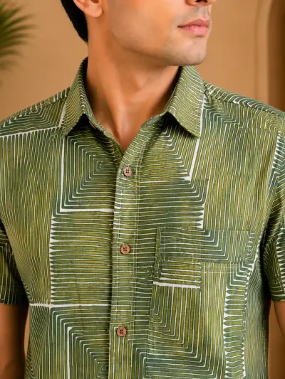 Blended Linen Olive Bamboo Geometric Print Half Sleeve Shirt view 3