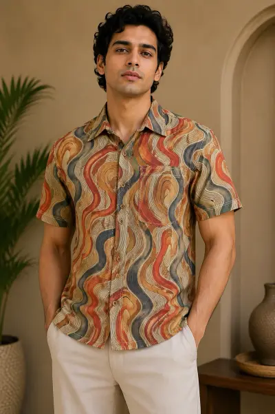 Blended Linen Earth Tone Abstract Wave Half Sleeve Shirt