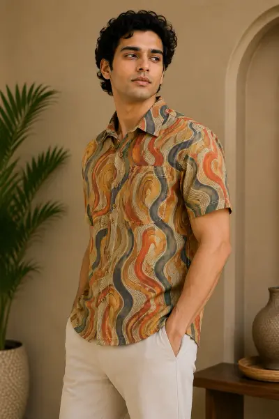 Blended Linen Earth Tone Abstract Wave Half Sleeve Shirt view 3