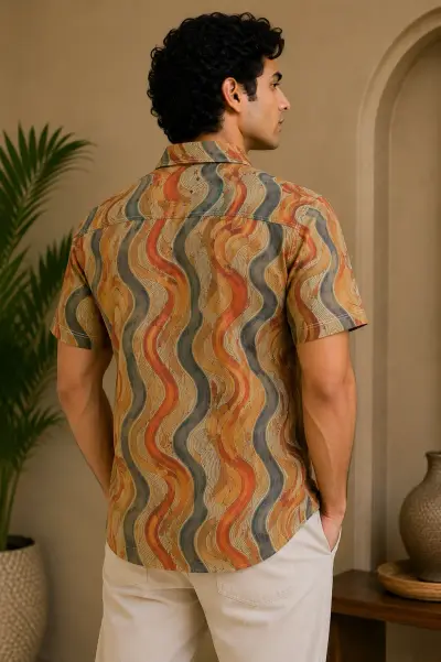 Blended Linen Earth Tone Abstract Wave Half Sleeve Shirt view 2