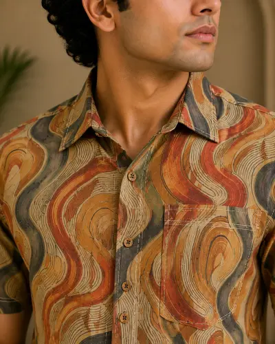 Blended Linen Earth Tone Abstract Wave Half Sleeve Shirt view 4