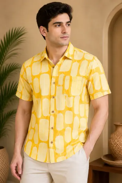 Blended Linen Sunshine Yellow Abstract Print Half Sleeve Shirt