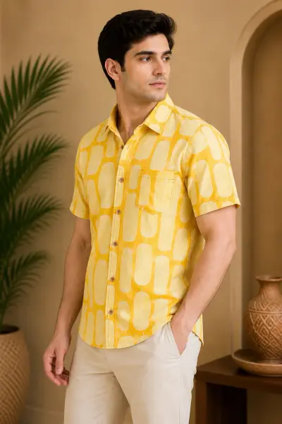 Blended Linen Sunshine Yellow Abstract Print Half Sleeve Shirt view 4