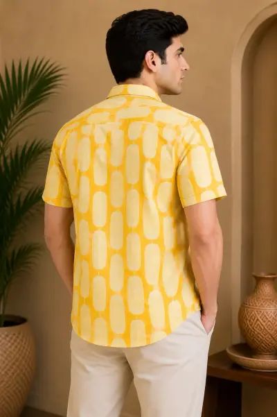 Blended Linen Sunshine Yellow Abstract Print Half Sleeve Shirt view 2
