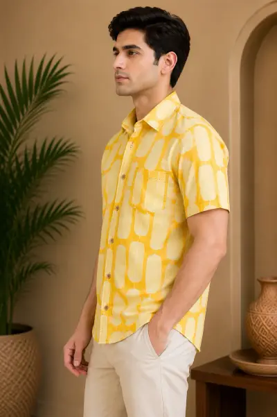 Blended Linen Sunshine Yellow Abstract Print Half Sleeve Shirt view 3