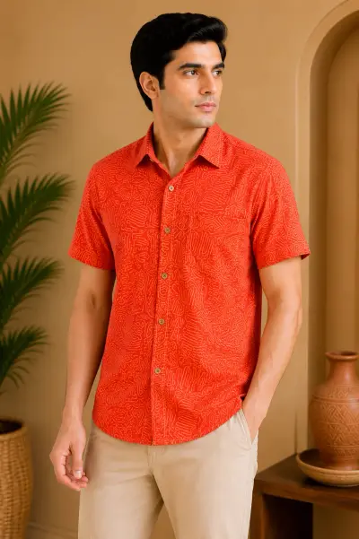 Blended Linen  Abstract Orange Print Half Sleeve Shirt