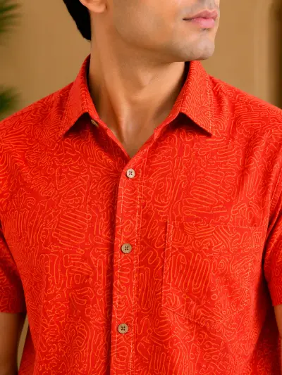 Blended Linen  Abstract Orange Print Half Sleeve Shirt view 2