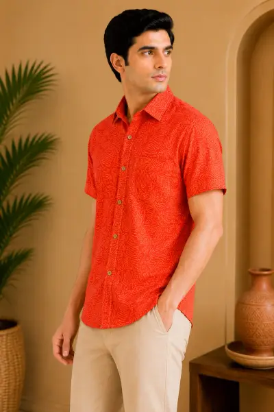 Blended Linen  Abstract Orange Print Half Sleeve Shirt view 3