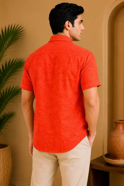 Blended Linen  Abstract Orange Print Half Sleeve Shirt view 4