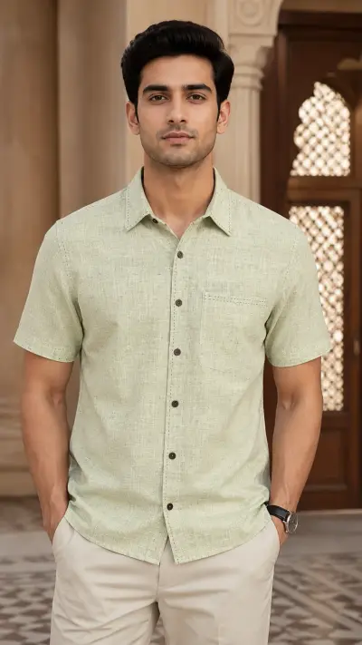 Bhagalpuri Ghiccha Mint Green Textured Half Sleeve Shirt