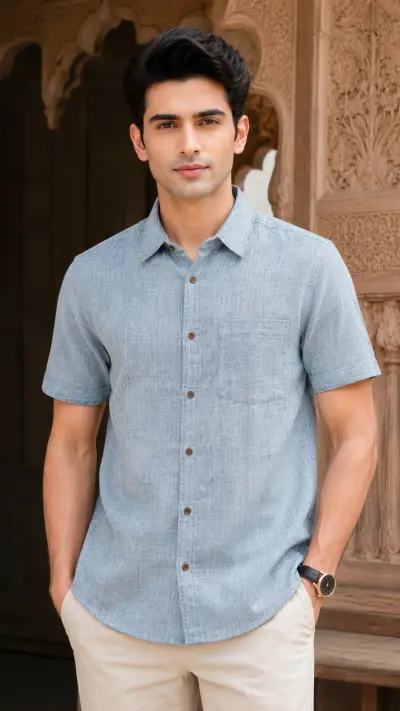Bhagalpuri Ghiccha Sky Blue Textured Half Sleeve Shirt