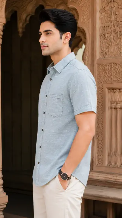 Bhagalpuri Ghiccha Sky Blue Textured Half Sleeve Shirt view 4