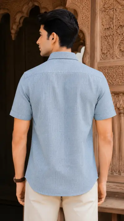 Bhagalpuri Ghiccha Sky Blue Textured Half Sleeve Shirt view 2