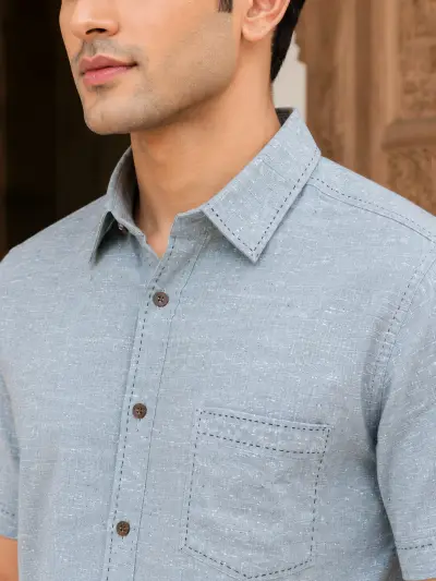 Bhagalpuri Ghiccha Sky Blue Textured Half Sleeve Shirt view 3