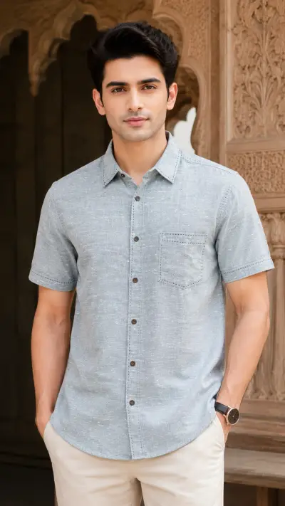 Bhagalpuri Ghiccha Ice Blue Textured Half Sleeve Shirt