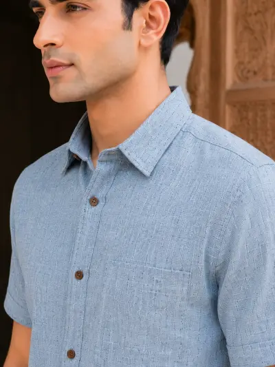 Bhagalpuri Ghiccha Ice Blue Textured Half Sleeve Shirt view 2